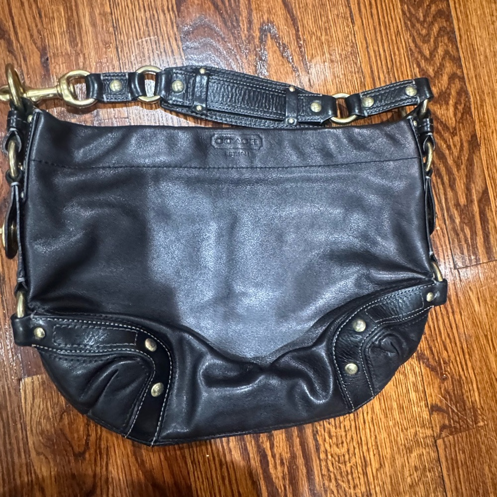 Coach Black Leather Shoulder Bag with Gold Accents